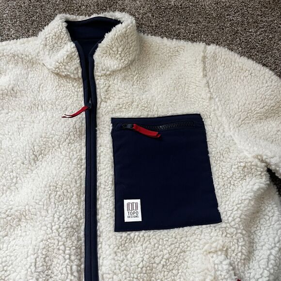 Topo Designs Reversible Sherpa Jacket Mens Small Cream Navy Blue Full Zip - Picture 2 of 7